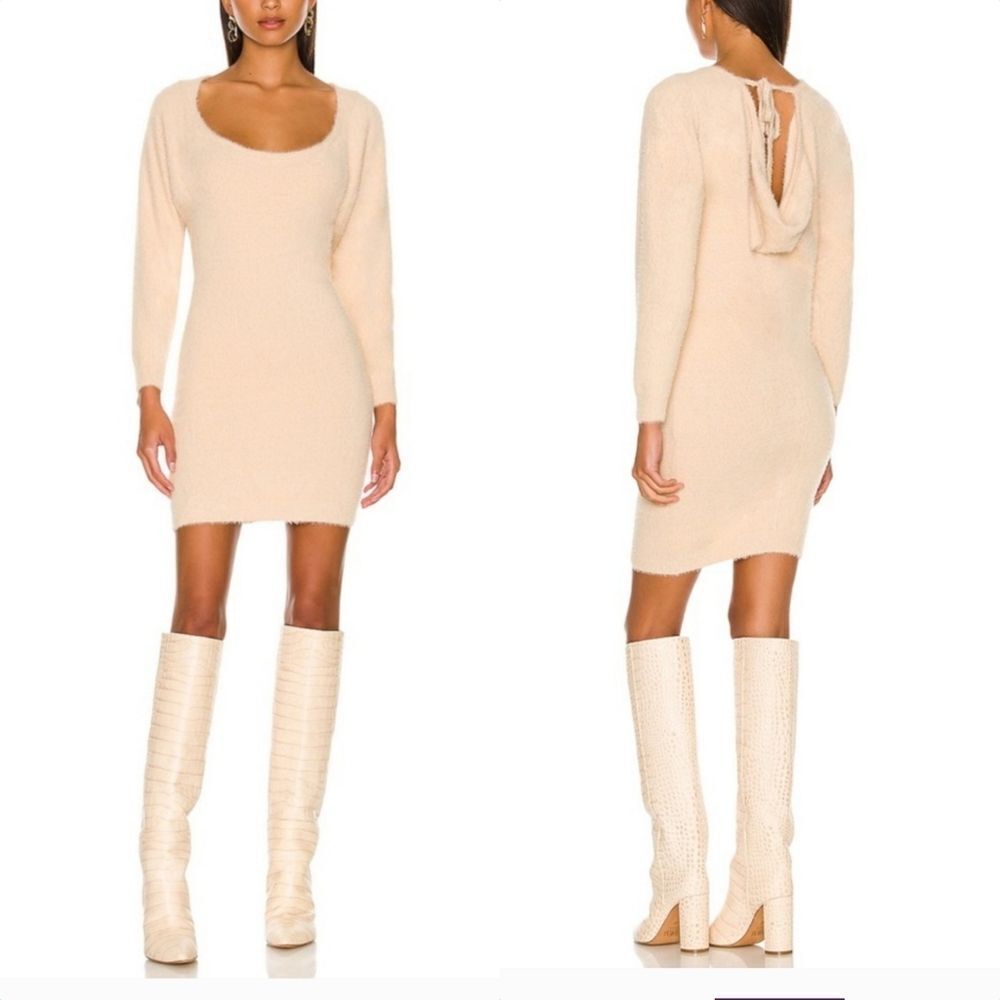 🆕️ Camila Coelho Yesenia Eyelash Puff Sleeve Open Back Mini Sweater Dress Nude